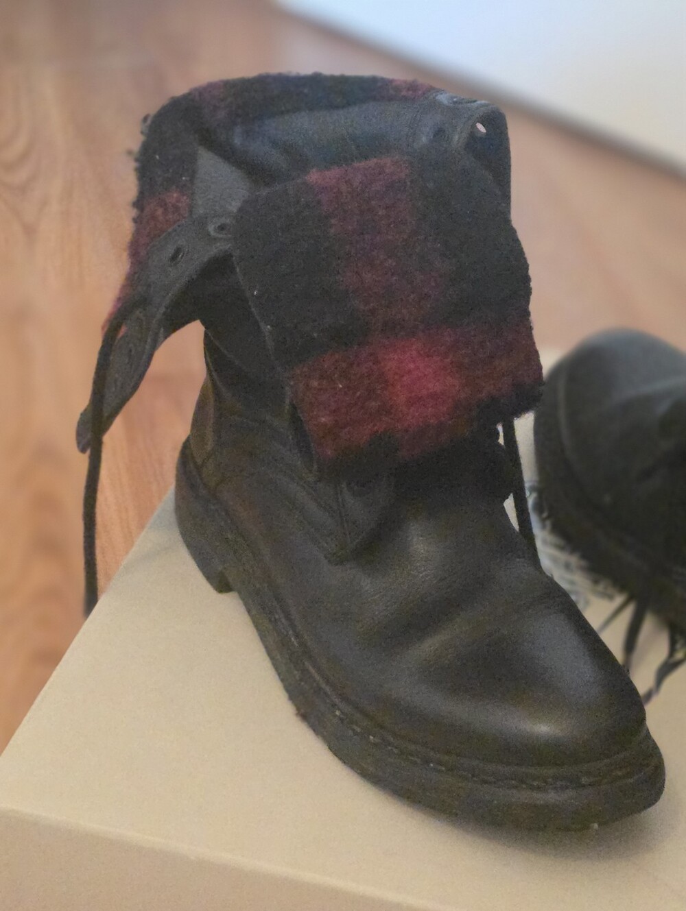 Burberry Black Leather Combat Boots with Red Plaid Wool Cuff